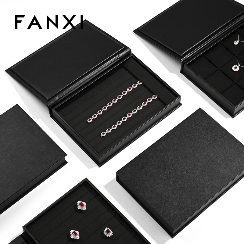 FANXI new design P151 black pu leather outside with black microfiber inside book shape jewelry display tray