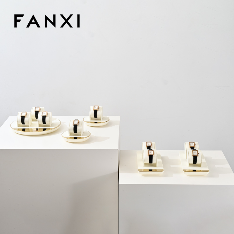 FANXI TT260 soft beige microfiber jewelry display set with gold metal frame