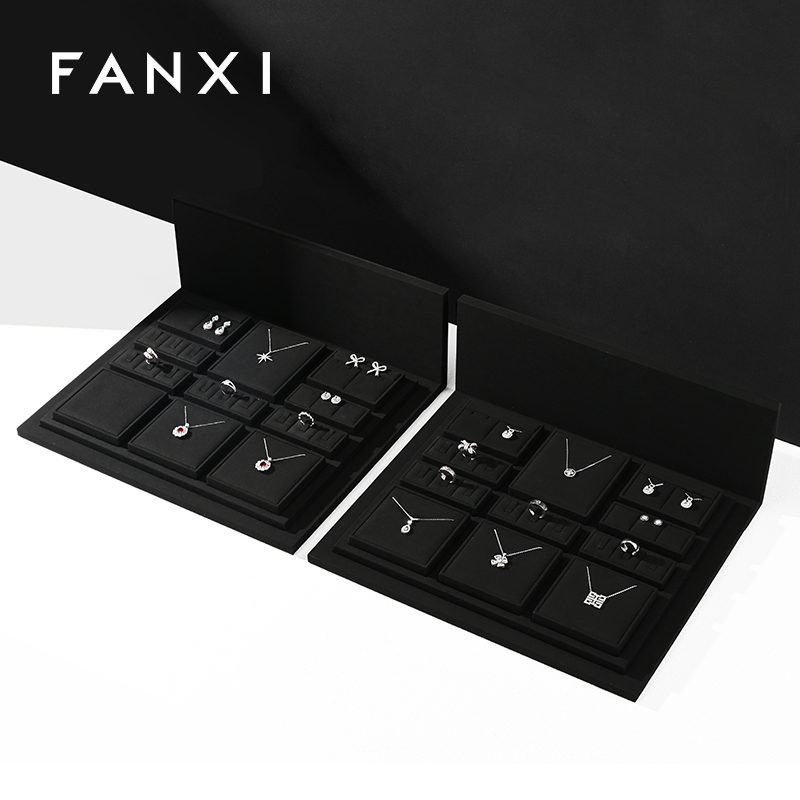 TT268 Soft black microfiber jewelry display set with advertising background board