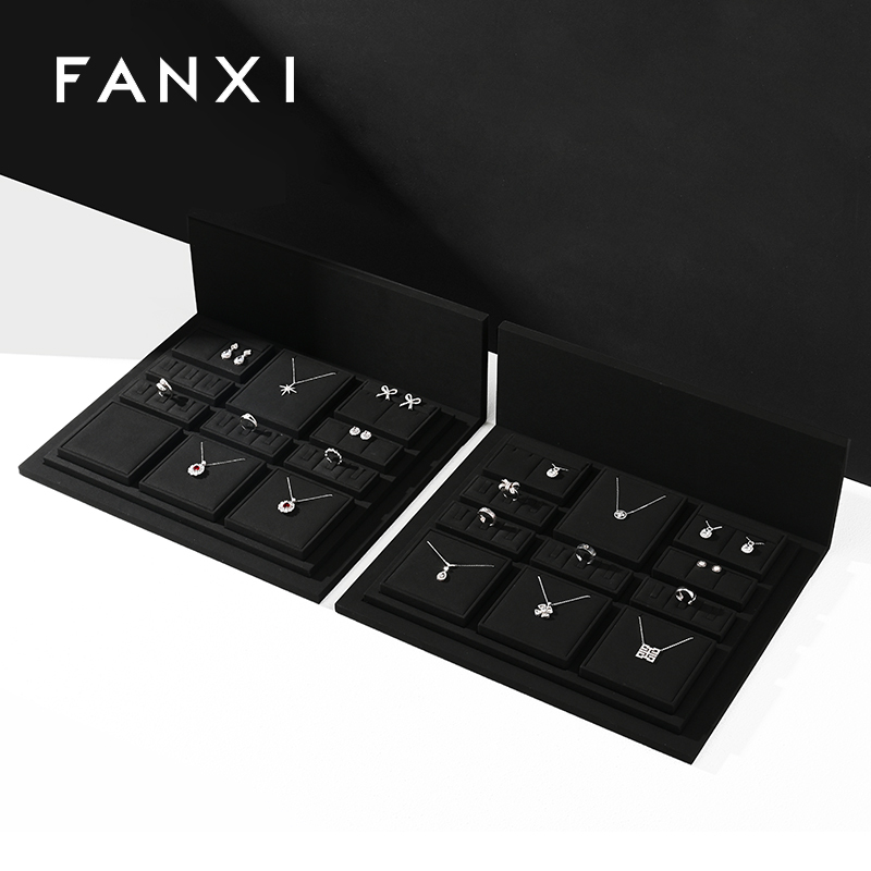 TT268 Soft black microfiber jewelry display set with advertising background board