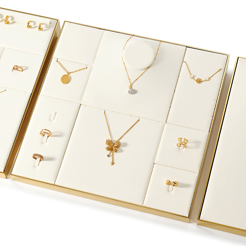 FANXI P144 beige microfiber with gold metal frame jewelry display set for showcase