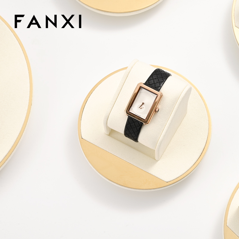 FANXI TT260 soft beige microfiber jewelry display set with gold metal frame