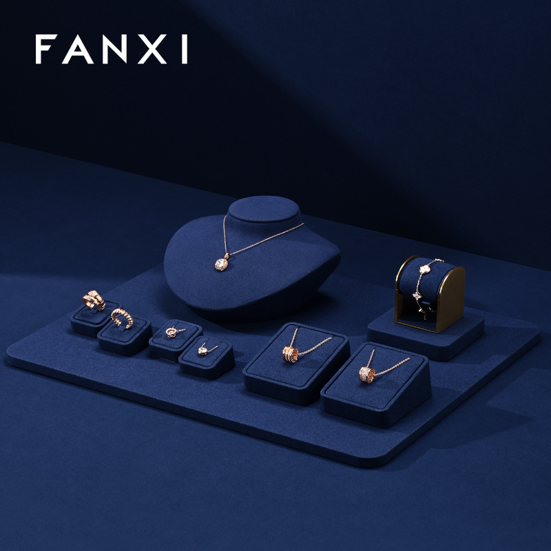 FANXI TT307 Navy blue Ring Bracelet Chain Display Holder Sets Micro Fiber Luxury Jewelry Display For Store Counter