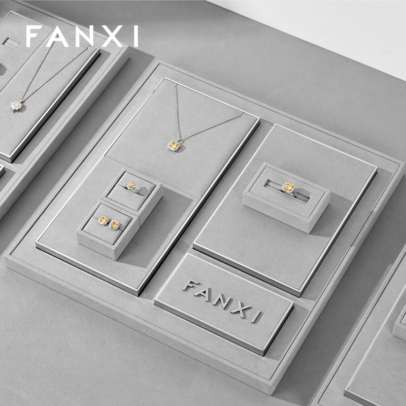 FANXI TT267 Hot Sale Metal Jewellery Stand Set Necklace Bangle Ring Display Props Microfiber Suede Jewelry Display Stand