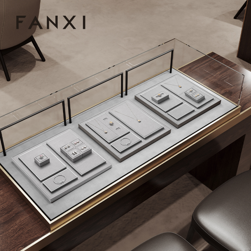 FANXI TT267 Hot Sale Metal Jewellery Stand Set Necklace Bangle Ring Display Props Microfiber Suede Jewelry Display Stand