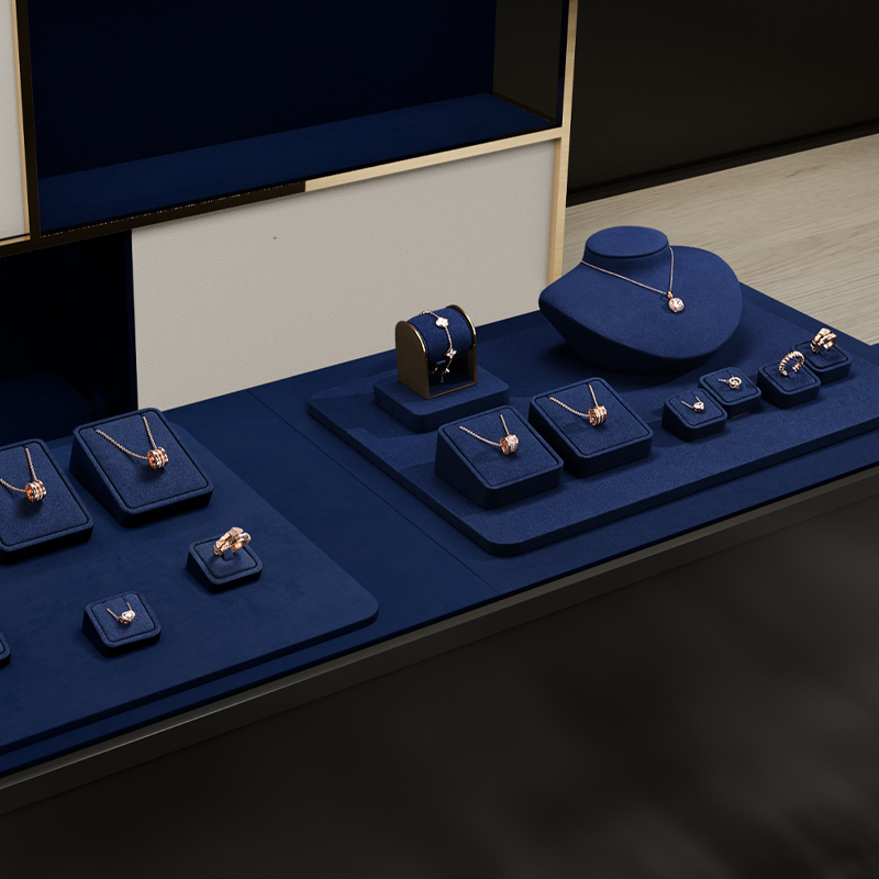 FANXI TT307 Navy blue Ring Bracelet Chain Display Holder Sets Micro Fiber Luxury Jewelry Display For Store Counter