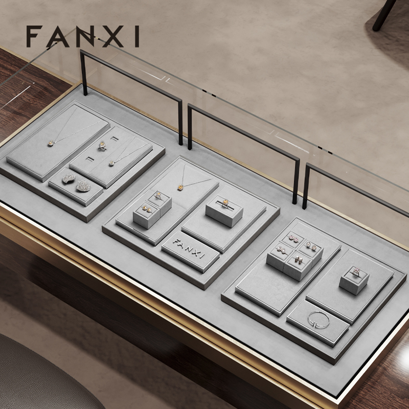 FANXI TT267 Hot Sale Metal Jewellery Stand Set Necklace Bangle Ring Display Props Microfiber Suede Jewelry Display Stand