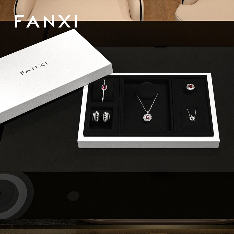 FANXI P152 Custom Logo PU leather Tray Bracelet Earring Necklace Pendant Ring Display Jewelry Tray Microfiber Jewelry Display Tray