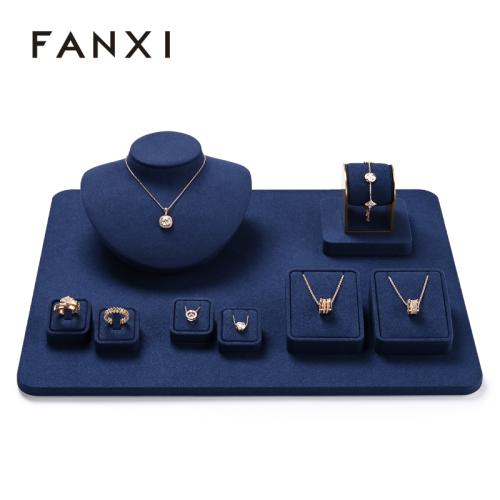 FANXI TT307 Navy blue Ring Bracelet Chain Display Holder Sets Micro Fiber Luxury Jewelry Display For Store Counter