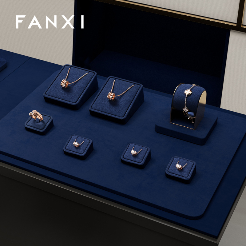 FANXI TT307 Navy blue Ring Bracelet Chain Display Holder Sets Micro Fiber Luxury Jewelry Display For Store Counter