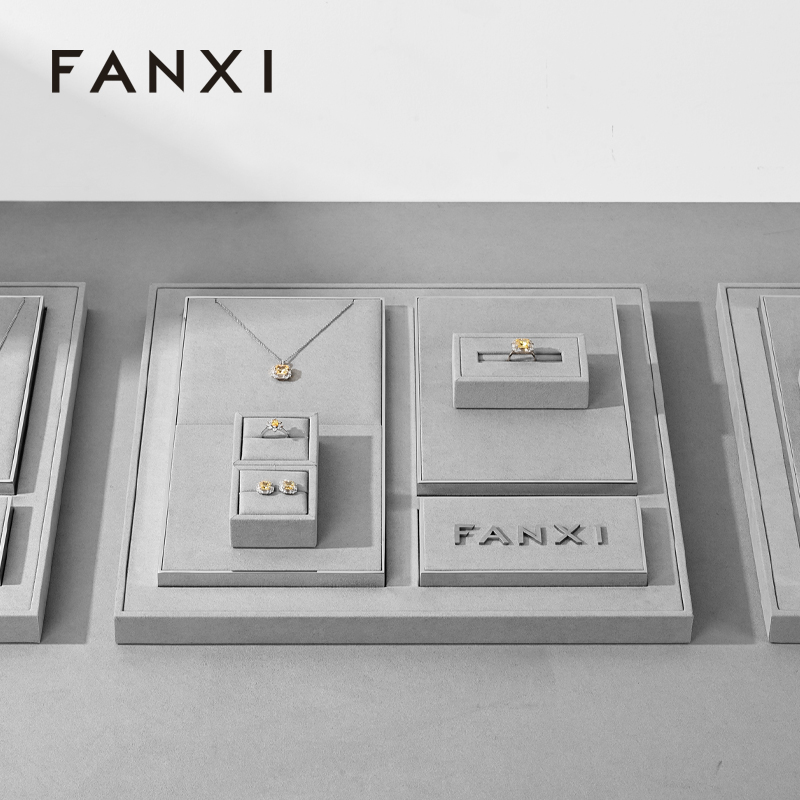 FANXI TT267 Hot Sale Metal Jewellery Stand Set Necklace Bangle Ring Display Props Microfiber Suede Jewelry Display Stand