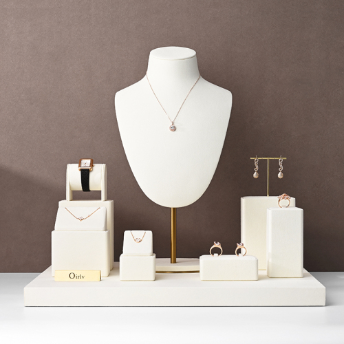 FANXI TT230 Beige Microfiber professional jewelry display stand for luxury jewelry display props custom jewelry stand display set