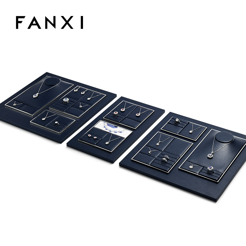 FANXI TT262 New Jewelry Display Set Luxury Blue PU Leather With Silver Metal Showcase Tray Microfiber Display Jewelry Necklace Display