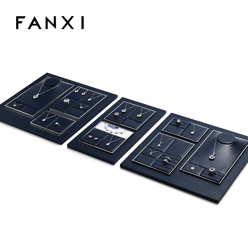 FANXI TT262 New Jewelry Display Set Luxury Blue PU Leather With Silver Metal Showcase Tray Microfiber Display Jewelry Necklace Display