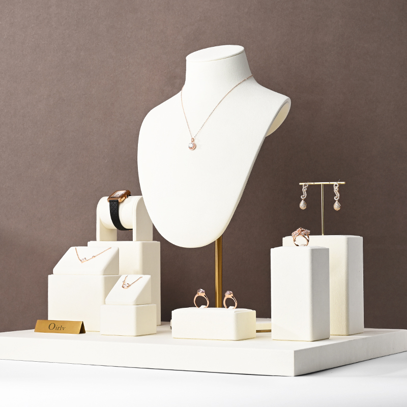 FANXI TT230 Beige Microfiber professional jewelry display stand for luxury jewelry display props custom jewelry stand display set