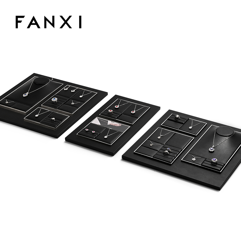 FANXI TT261 New Jewelry Display Set Luxury Black PU Leather With Silver Metal Showcase Tray Microfiber Display Jewelry Necklace Display