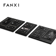 FANXI TT261 New Jewelry Display Set Luxury Black PU Leather With Silver Metal Showcase Tray Microfiber Display Jewelry Necklace Display