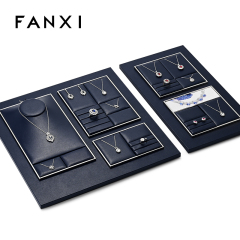 FANXI TT262 New Jewelry Display Set Luxury Blue PU Leather With Silver Metal Showcase Tray Microfiber Display Jewelry Necklace Display