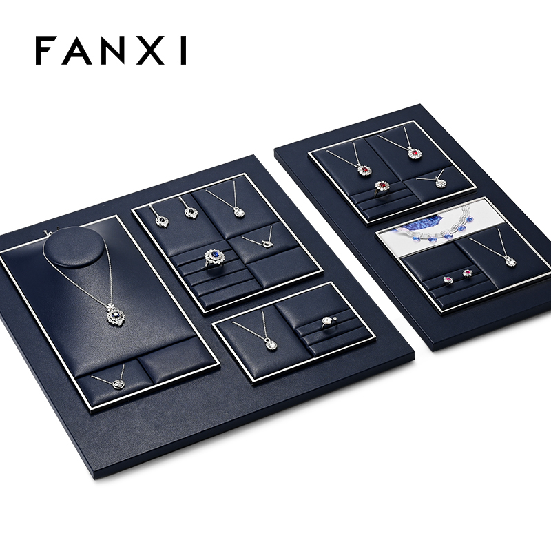 FANXI TT262 New Jewelry Display Set Luxury Blue PU Leather With Silver Metal Showcase Tray Microfiber Display Jewelry Necklace Display