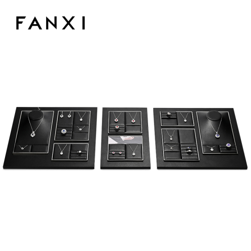 FANXI TT261 New Jewelry Display Set Luxury Black PU Leather With Silver Metal Showcase Tray Microfiber Display Jewelry Necklace Display