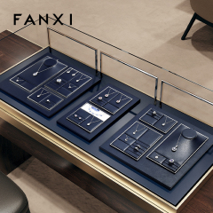 FANXI TT262 New Jewelry Display Set Luxury Blue PU Leather With Silver Metal Showcase Tray Microfiber Display Jewelry Necklace Display