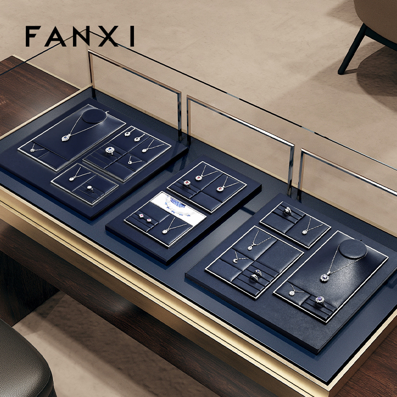 FANXI TT262 New Jewelry Display Set Luxury Blue PU Leather With Silver Metal Showcase Tray Microfiber Display Jewelry Necklace Display