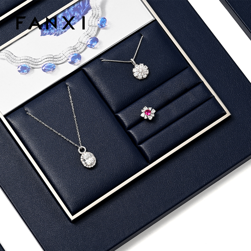 FANXI TT262 New Jewelry Display Set Luxury Blue PU Leather With Silver Metal Showcase Tray Microfiber Display Jewelry Necklace Display