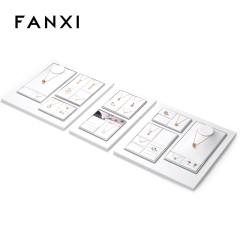 FANXI TT263 New Jewelry Display Set Luxury White PU Leather With Silver Metal Showcase Tray Microfiber Display Jewelry Necklace Display