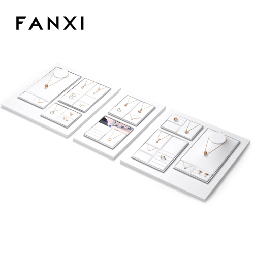 FANXI TT263 New Jewelry Display Set Luxury White PU Leather With Silver Metal Showcase Tray Microfiber Display Jewelry Necklace Display