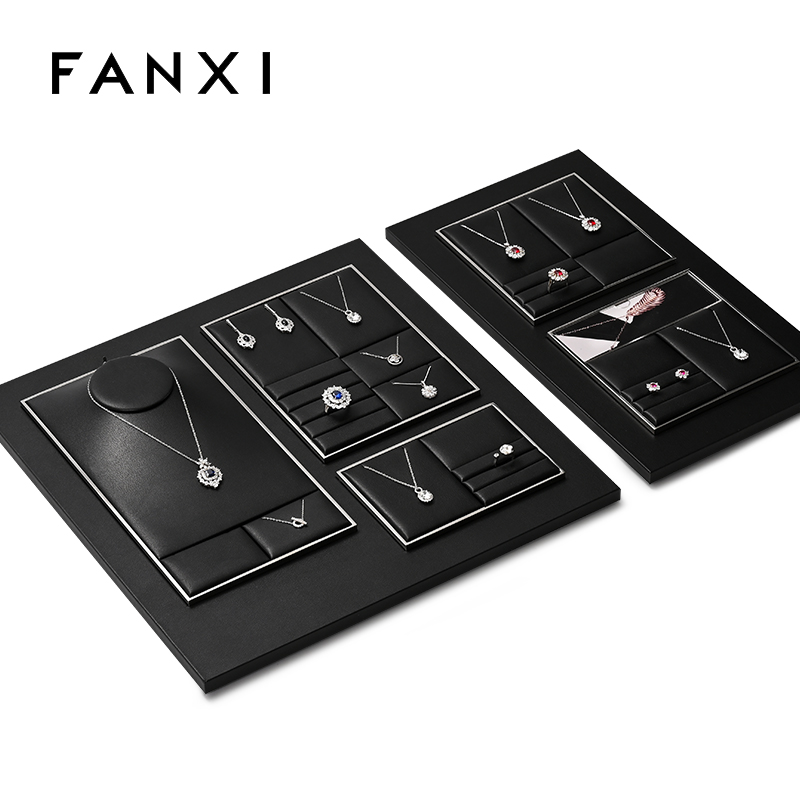 FANXI TT261 New Jewelry Display Set Luxury Black PU Leather With Silver Metal Showcase Tray Microfiber Display Jewelry Necklace Display