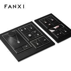 FANXI TT261 New Jewelry Display Set Luxury Black PU Leather With Silver Metal Showcase Tray Microfiber Display Jewelry Necklace Display