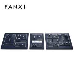 FANXI TT262 New Jewelry Display Set Luxury Blue PU Leather With Silver Metal Showcase Tray Microfiber Display Jewelry Necklace Display