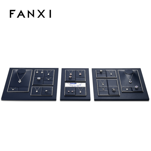 FANXI TT262 New Jewelry Display Set Luxury Blue PU Leather With Silver Metal Showcase Tray Microfiber Display Jewelry Necklace Display