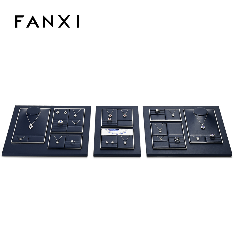 FANXI TT262 New Jewelry Display Set Luxury Blue PU Leather With Silver Metal Showcase Tray Microfiber Display Jewelry Necklace Display