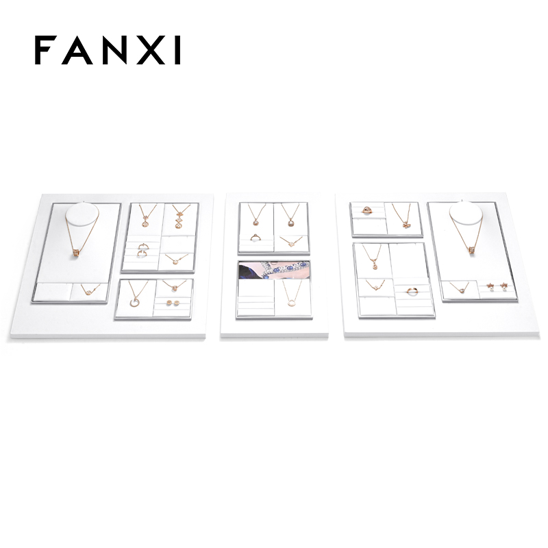 FANXI TT263 New Jewelry Display Set Luxury White PU Leather With Silver Metal Showcase Tray Microfiber Display Jewelry Necklace Display