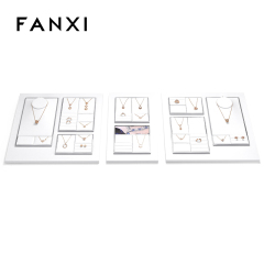 FANXI TT263 New Jewelry Display Set Luxury White PU Leather With Silver Metal Showcase Tray Microfiber Display Jewelry Necklace Display