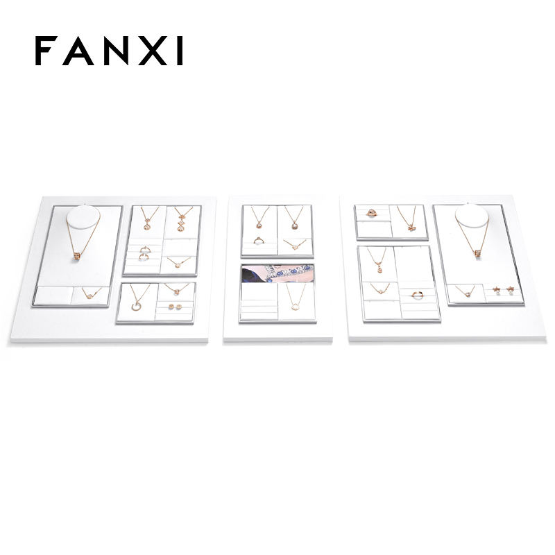 FANXI TT263 New Jewelry Display Set Luxury White PU Leather With Silver Metal Showcase Tray Microfiber Display Jewelry Necklace Display