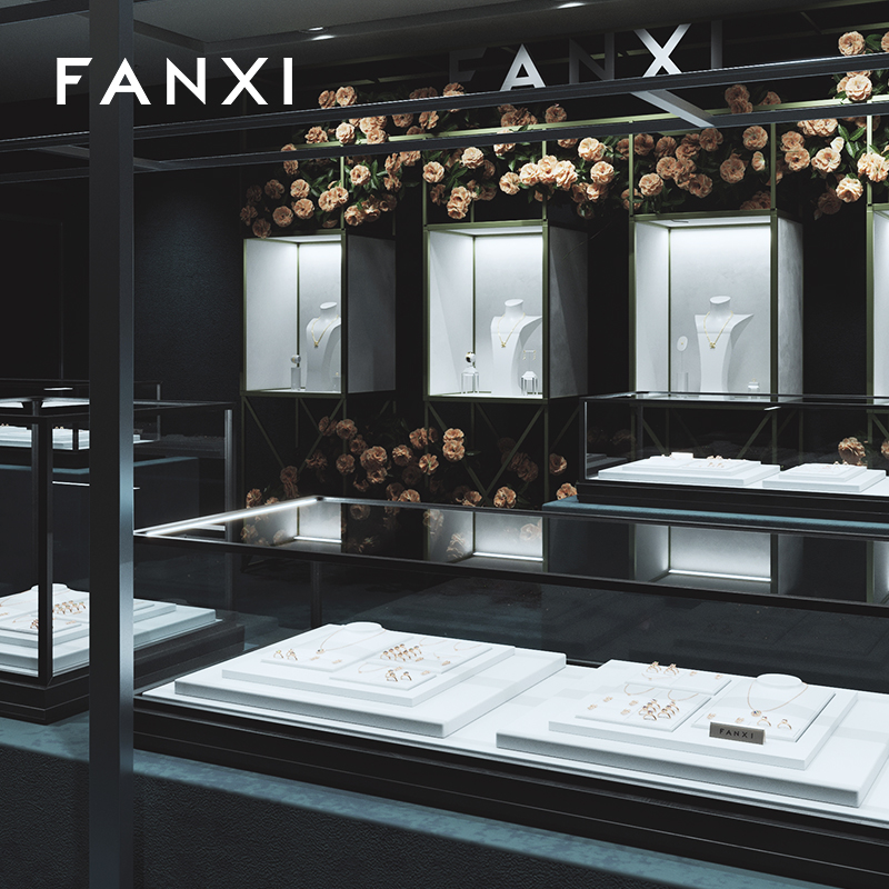 FANXI TT263 New Jewelry Display Set Luxury White PU Leather With Silver Metal Showcase Tray Microfiber Display Jewelry Necklace Display