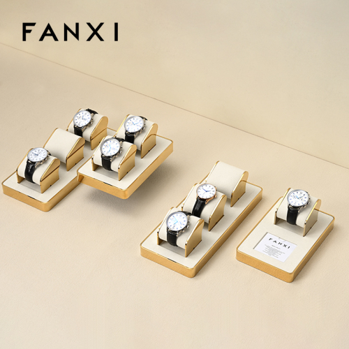 Fashion design JS105 beige microfiber watch display set with gold metal frame for watch stores