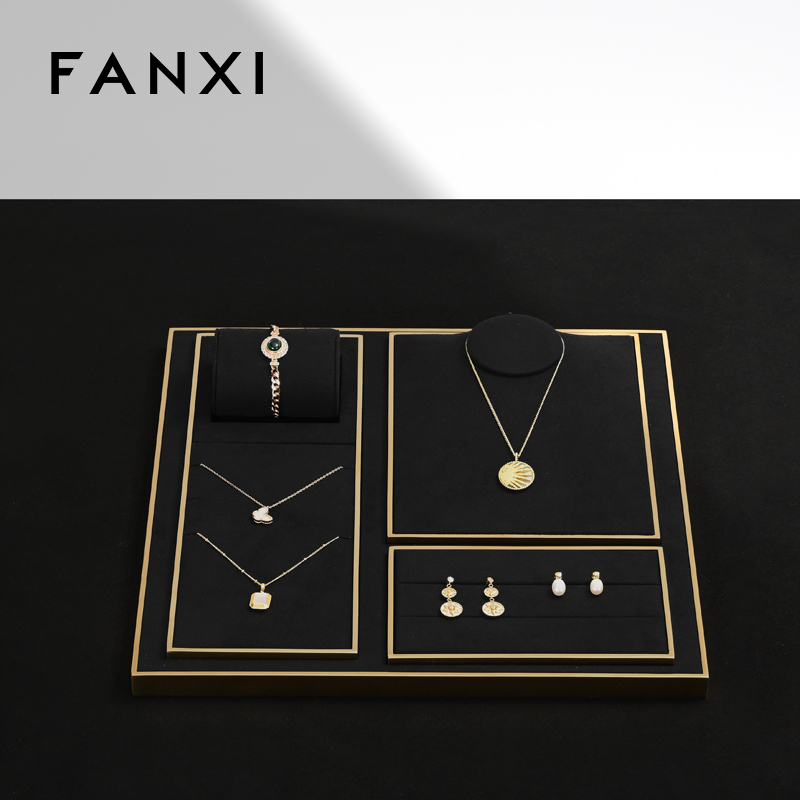 Fanxi TT291 Fashion Light Black with Gold Jewelry Display Set Detachable Microfiber Necklace Ring Pendant Display for Jewelry Store