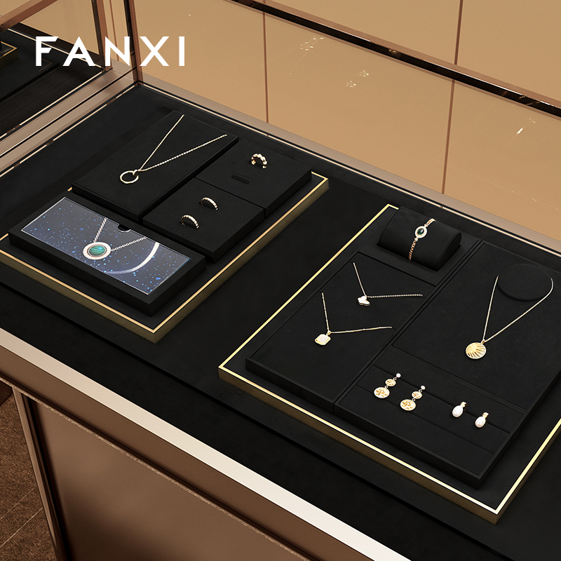 Fanxi TT291 Fashion Light Black with Gold Jewelry Display Set Detachable Microfiber Necklace Ring Pendant Display for Jewelry Store
