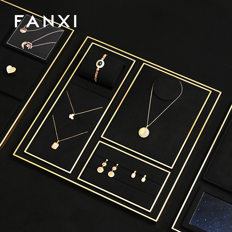Fanxi TT291 Fashion Light Black with Gold Jewelry Display Set Detachable Microfiber Necklace Ring Pendant Display for Jewelry Store