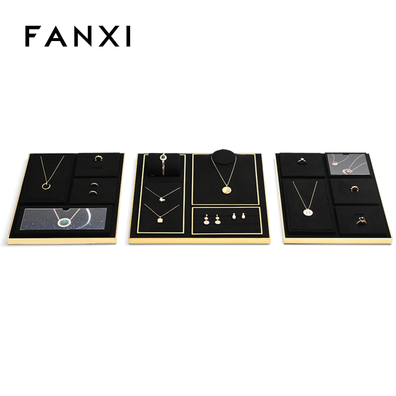 Fanxi TT291 Fashion Light Black with Gold Jewelry Display Set Detachable Microfiber Necklace Ring Pendant Display for Jewelry Store
