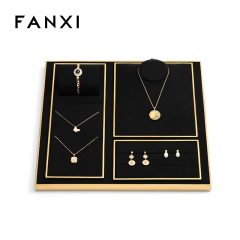 Fanxi TT291 Fashion Light Black with Gold Jewelry Display Set Detachable Microfiber Necklace Ring Pendant Display for Jewelry Store