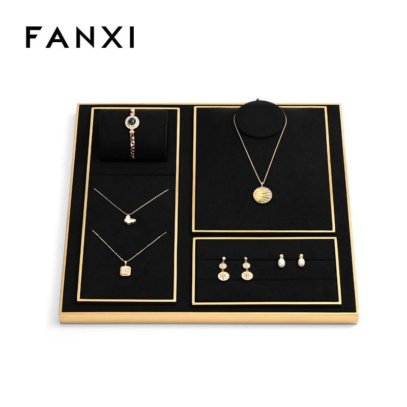 Fanxi TT291 Fashion Light Black with Gold Jewelry Display Set Detachable Microfiber Necklace Ring Pendant Display for Jewelry Store