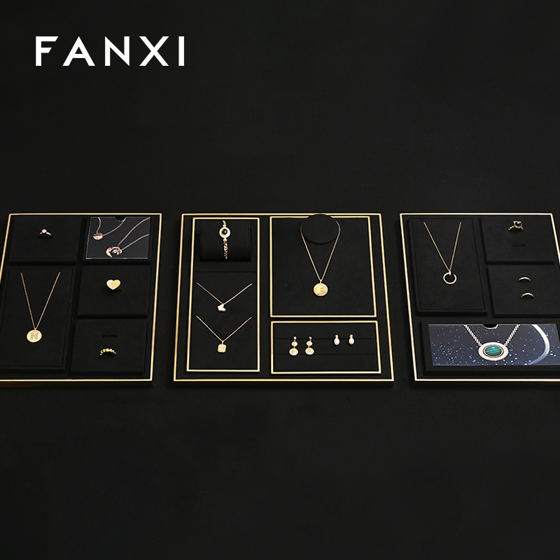 Fanxi TT291 Fashion Light Black with Gold Jewelry Display Set Detachable Microfiber Necklace Ring Pendant Display for Jewelry Store