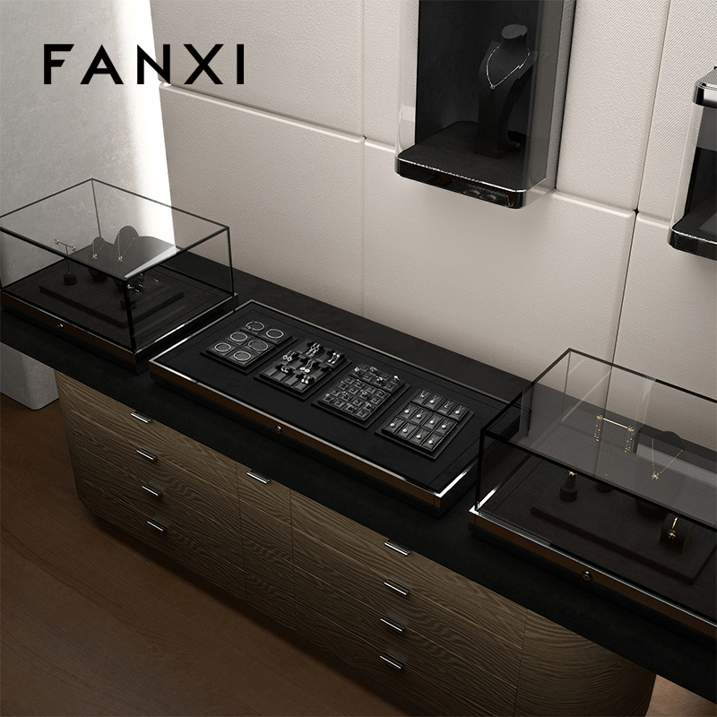 FANXI Custom Luxury Black Leather Jewelry Tray Stackable Bracelet Necklace Ring Display Tray For Jewelry Showcase