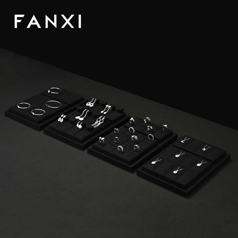 FANXI P158 Custom Luxury Black Microfiber Jewelry Tray Stackable Bracelet Necklace Ring Display Tray For Jewelry Showcase