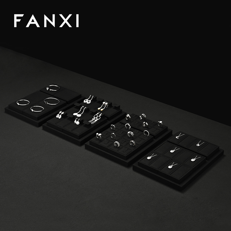 FANXI P158 Custom Luxury Black Microfiber Jewelry Tray Stackable Bracelet Necklace Ring Display Tray For Jewelry Showcase