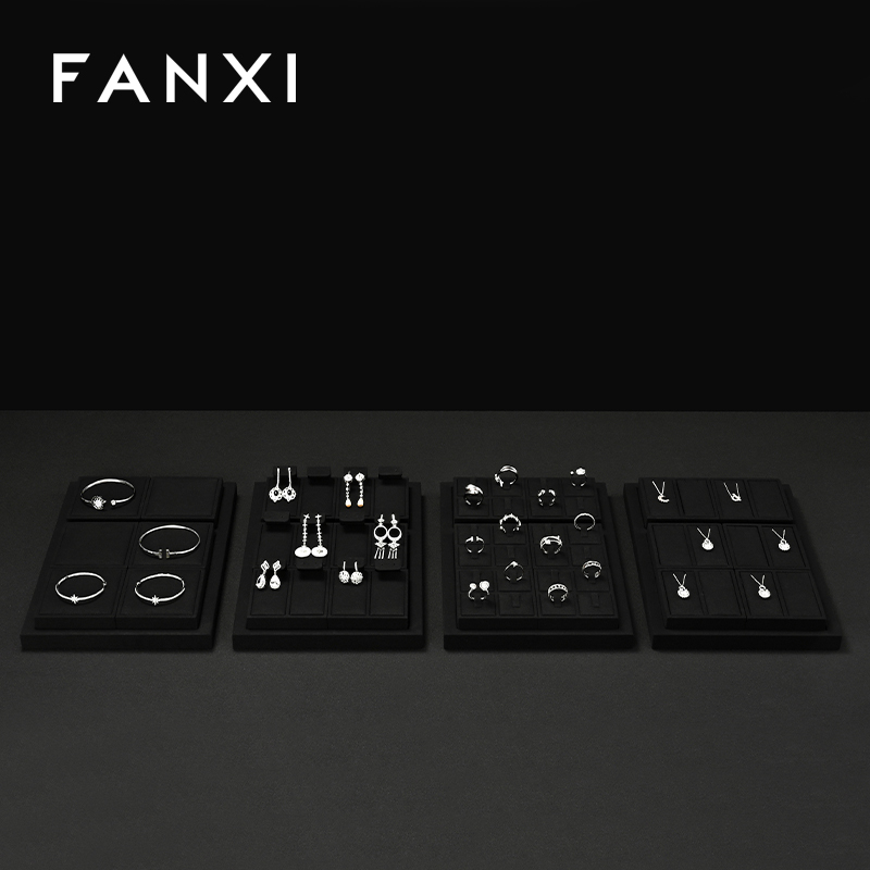 FANXI P158 Custom Luxury Black Microfiber Jewelry Tray Stackable Bracelet Necklace Ring Display Tray For Jewelry Showcase